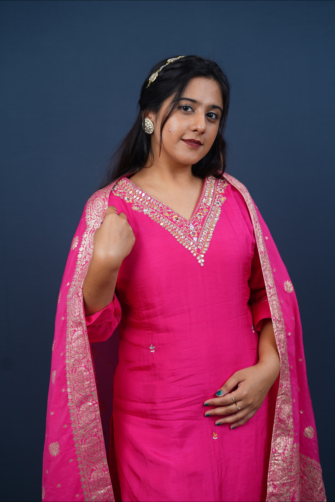 Women's FUCHSIA Pink Gota patti Hand Embroidery Kurta and Pant set